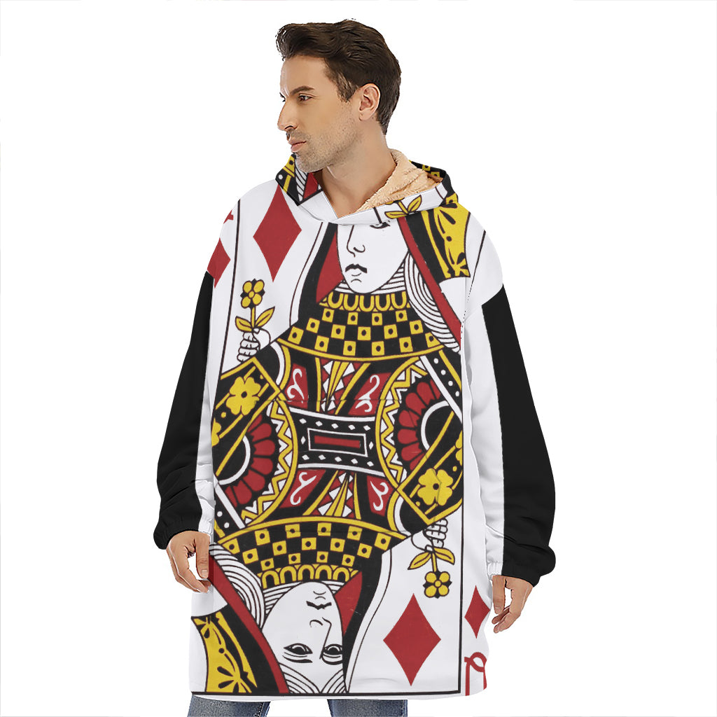 Queen Of Diamonds Playing Card Print Hoodie Blanket