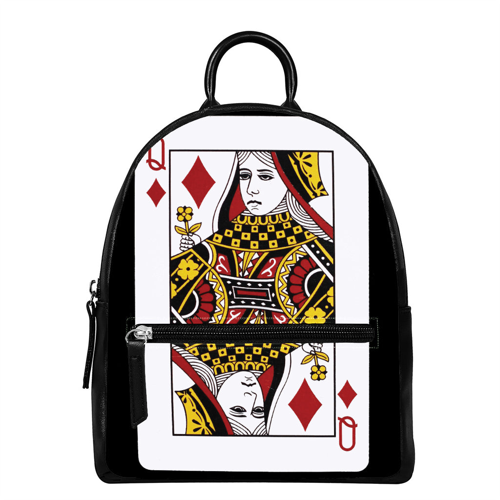 Queen Of Diamonds Playing Card Print Leather Backpack