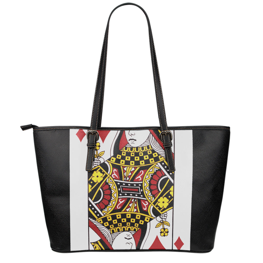 Queen Of Diamonds Playing Card Print Leather Tote Bag