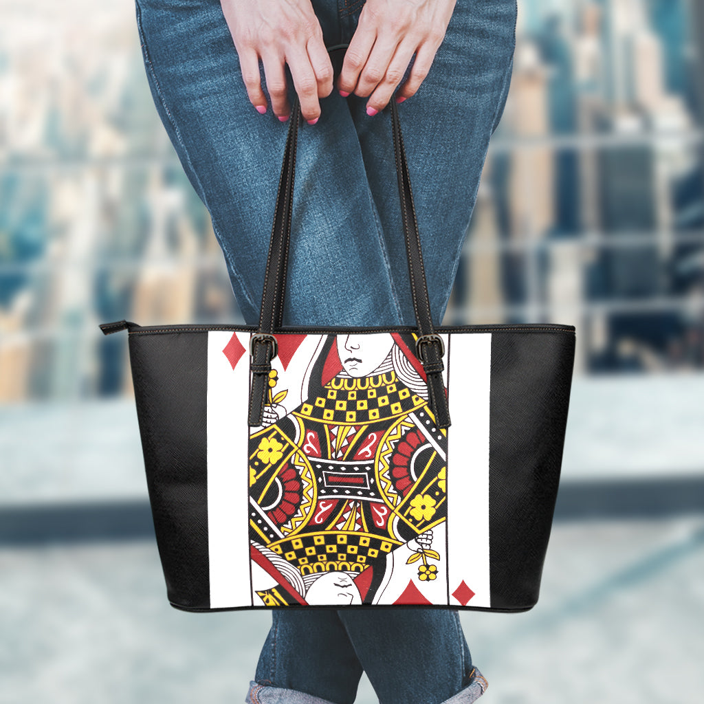 Queen Of Diamonds Playing Card Print Leather Tote Bag