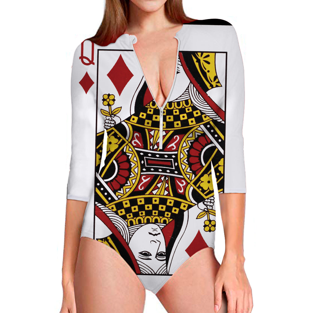 Queen Of Diamonds Playing Card Print Long Sleeve Swimsuit