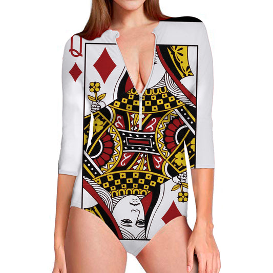Queen Of Diamonds Playing Card Print Long Sleeve Swimsuit