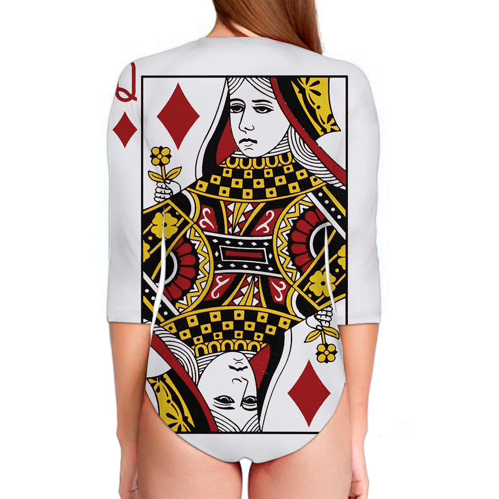 Queen Of Diamonds Playing Card Print Long Sleeve Swimsuit
