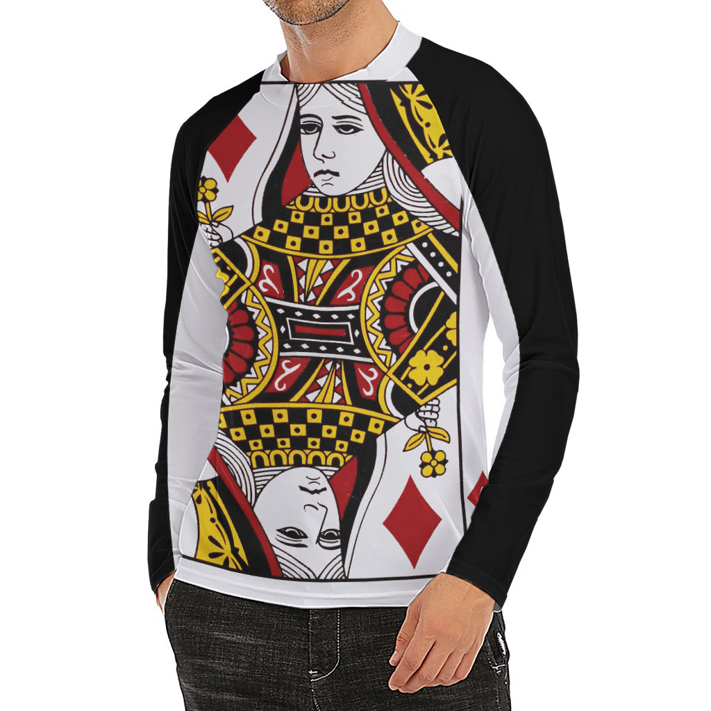 Queen Of Diamonds Playing Card Print Men's Long Sleeve Rash Guard