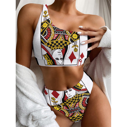 Queen Of Diamonds Playing Card Print One Shoulder Bikini Top