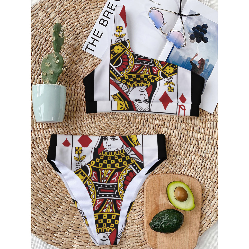 Queen Of Diamonds Playing Card Print One Shoulder Bikini Top