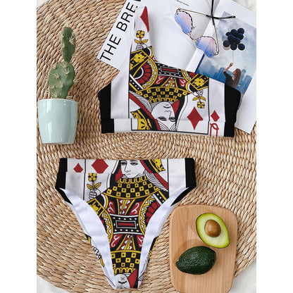 Queen Of Diamonds Playing Card Print One Shoulder Bikini Top