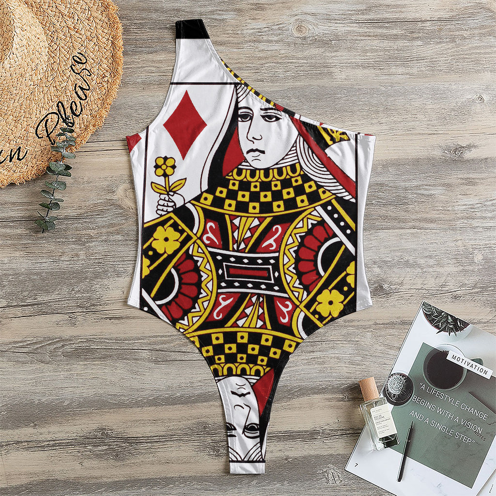 Queen Of Diamonds Playing Card Print One Shoulder Bodysuit
