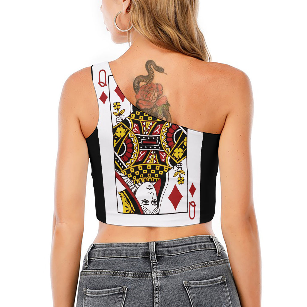 Queen Of Diamonds Playing Card Print One Shoulder Crop Top
