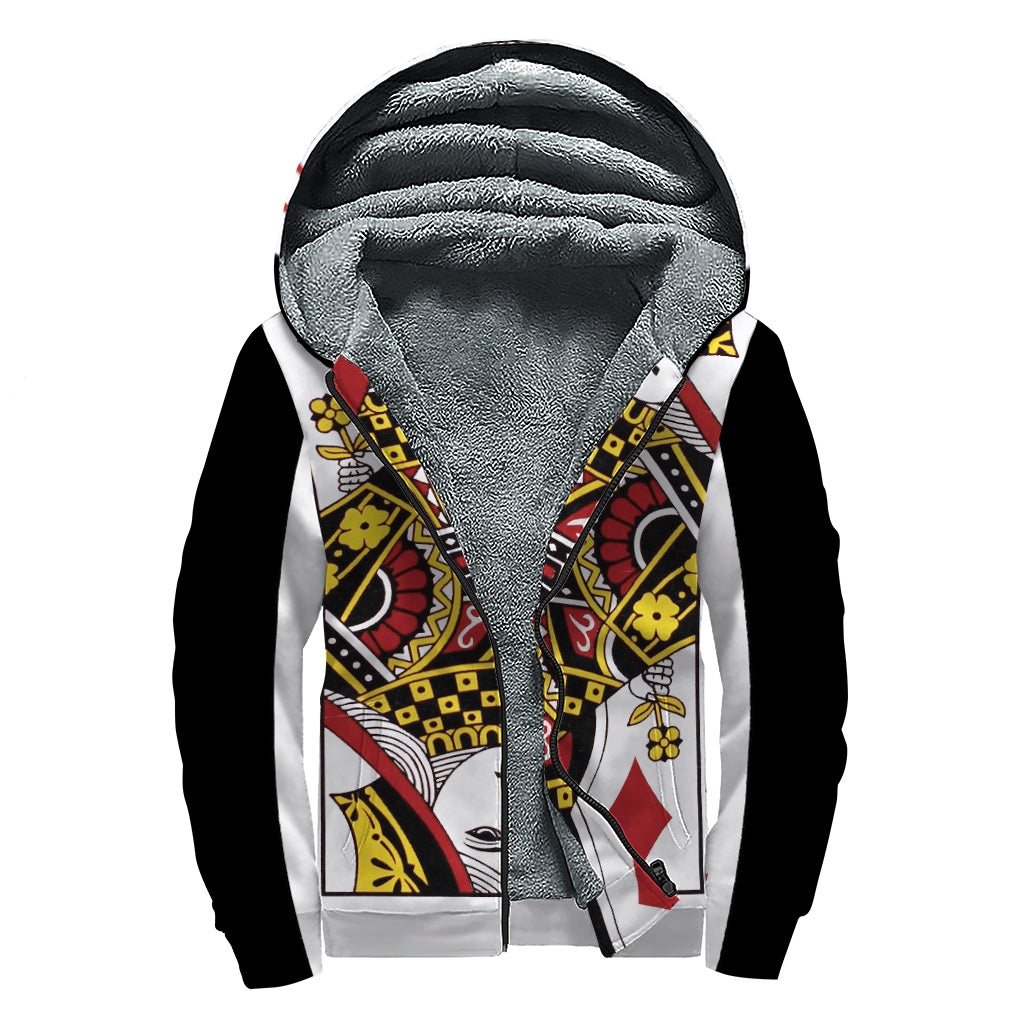 Queen Of Diamonds Playing Card Print Sherpa Lined Zip Up Hoodie