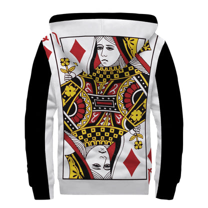 Queen Of Diamonds Playing Card Print Sherpa Lined Zip Up Hoodie