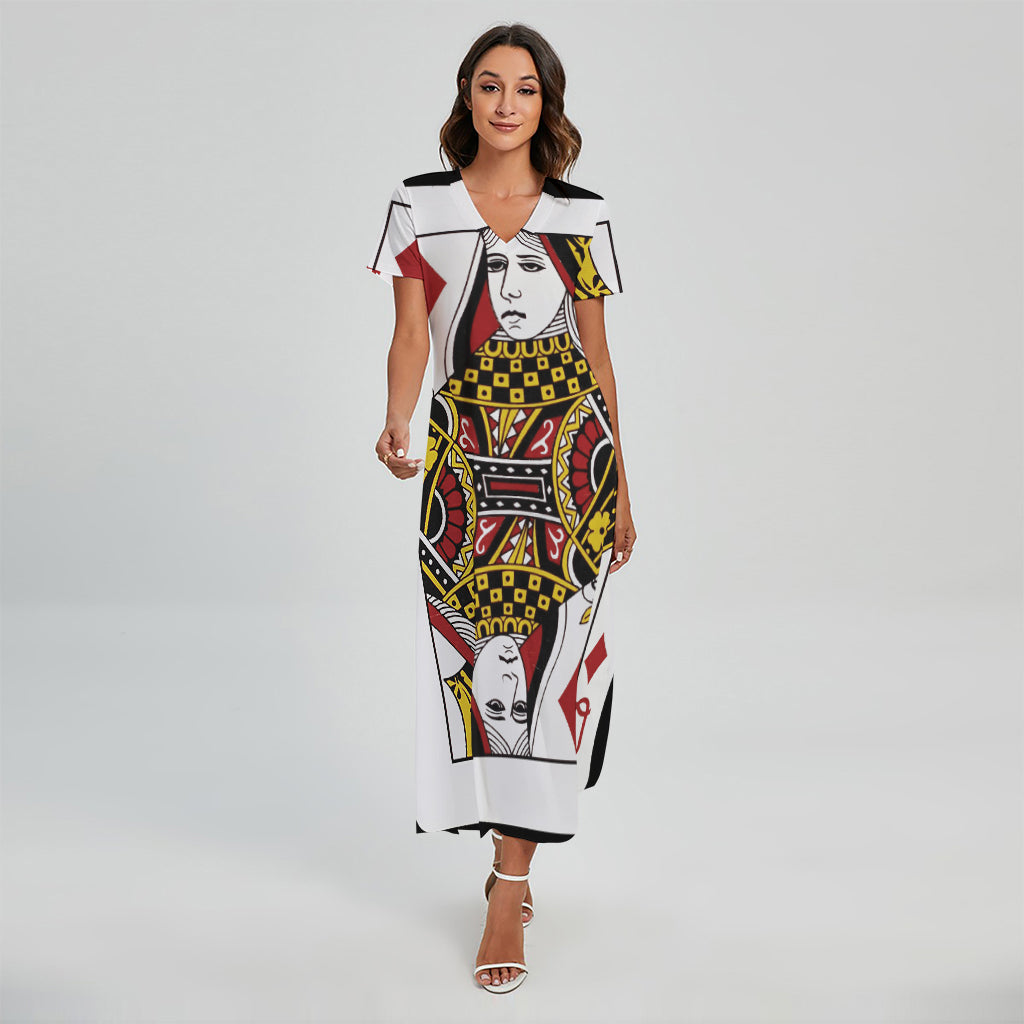 Queen Of Diamonds Playing Card Print Short Sleeve Maxi Dress