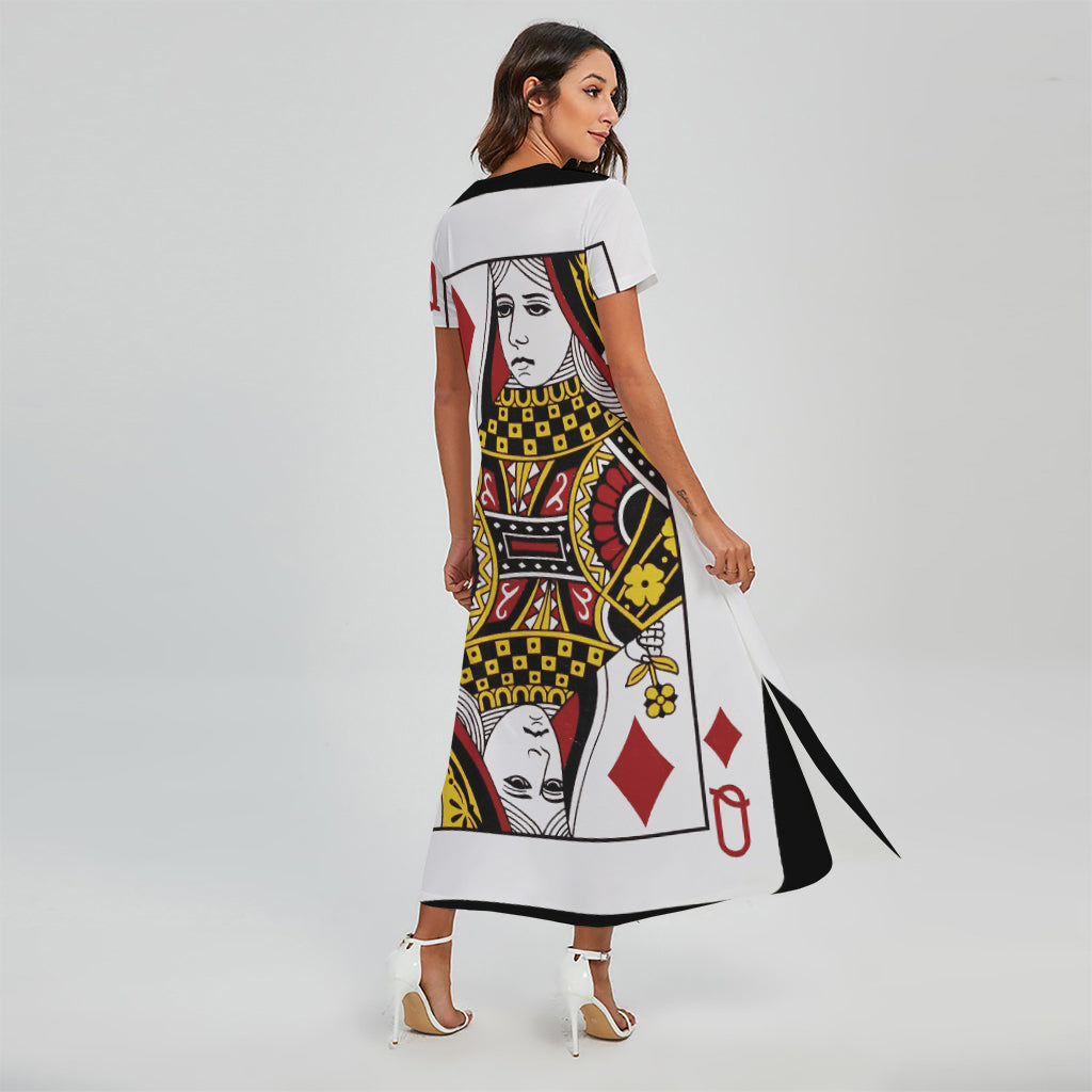 Queen Of Diamonds Playing Card Print Short Sleeve Maxi Dress