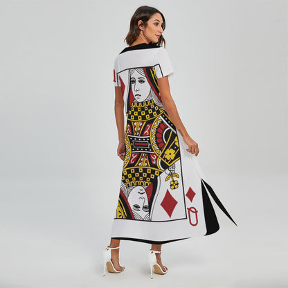 Queen Of Diamonds Playing Card Print Short Sleeve Maxi Dress