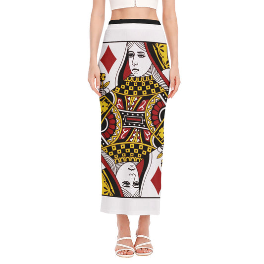Queen Of Diamonds Playing Card Print Side Slit Maxi Skirt