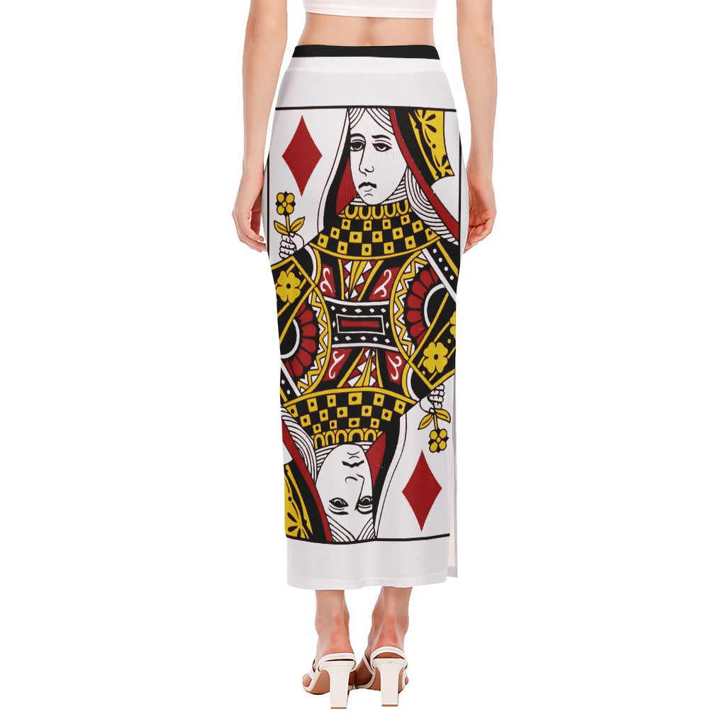 Queen Of Diamonds Playing Card Print Side Slit Maxi Skirt