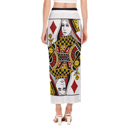 Queen Of Diamonds Playing Card Print Side Slit Maxi Skirt