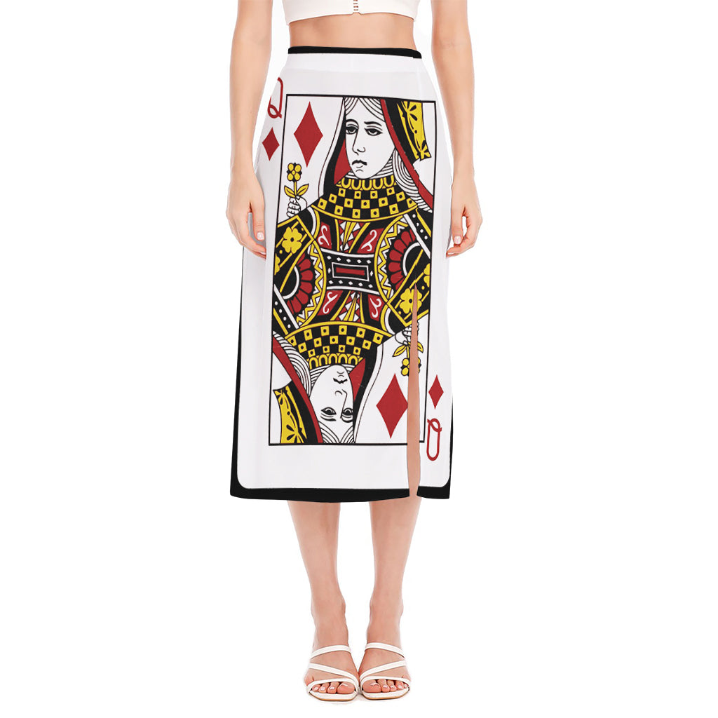 Queen Of Diamonds Playing Card Print Side Slit Midi Skirt