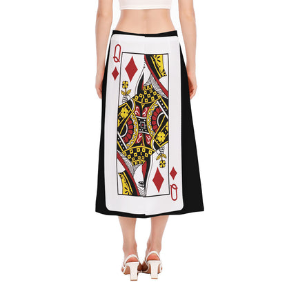 Queen Of Diamonds Playing Card Print Side Slit Midi Skirt