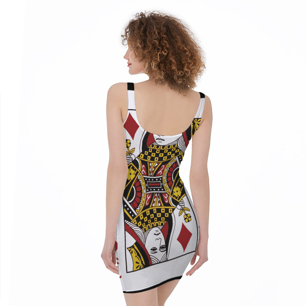 Queen Of Diamonds Playing Card Print Sleeveless Bodycon Dress