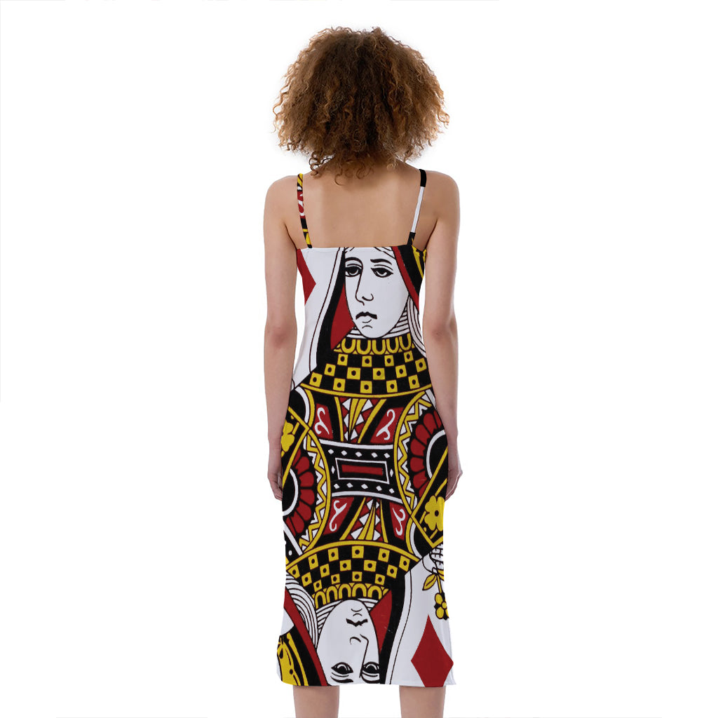 Queen Of Diamonds Playing Card Print Slim Fit Midi Cami Dress
