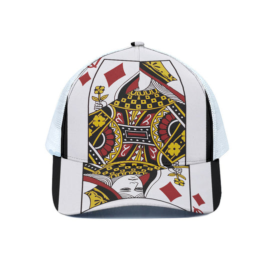Queen Of Diamonds Playing Card Print White Mesh Trucker Cap