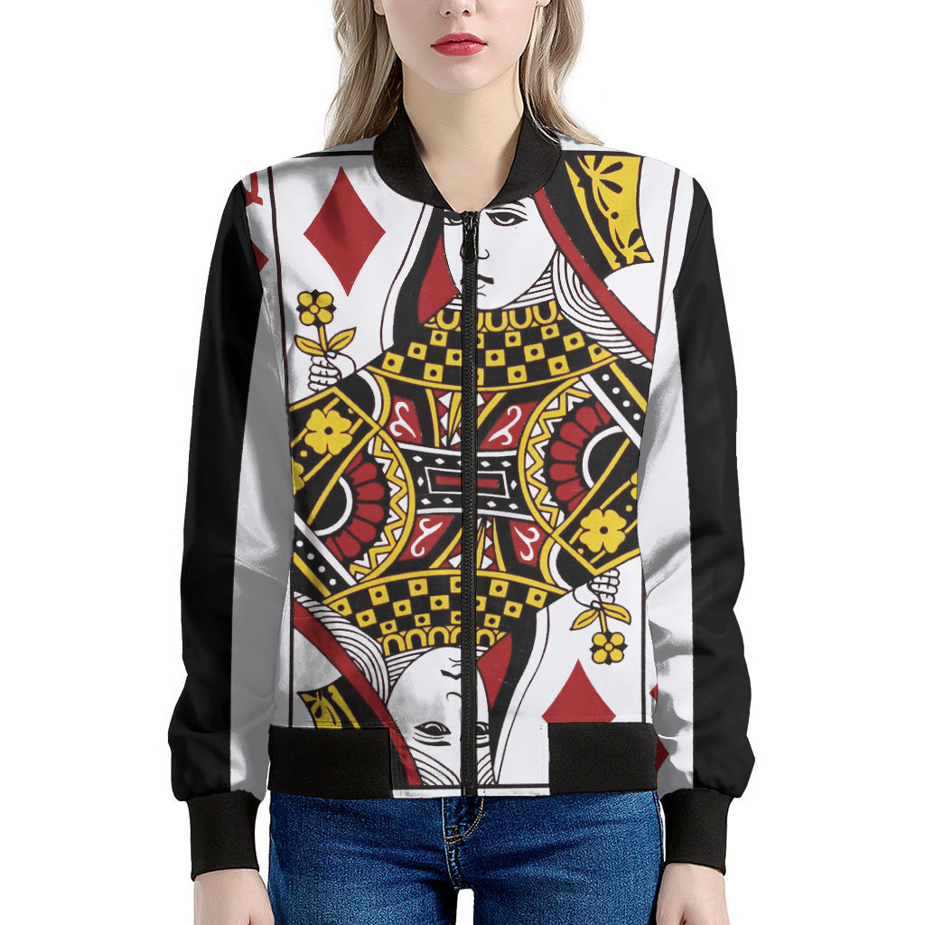 Queen Of Diamonds Playing Card Print Women's Bomber Jacket
