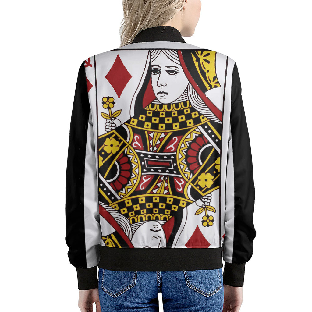 Queen Of Diamonds Playing Card Print Women's Bomber Jacket