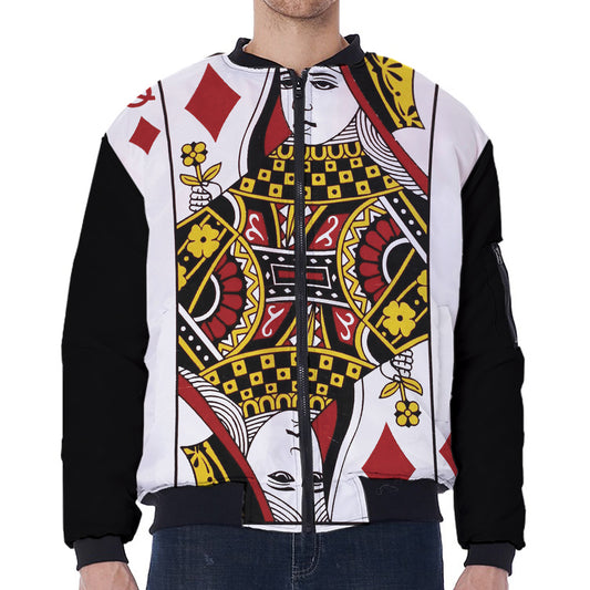 Queen Of Diamonds Playing Card Print Zip Sleeve Bomber Jacket