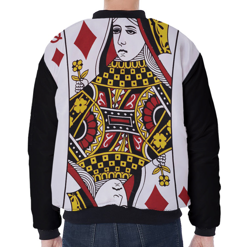 Queen Of Diamonds Playing Card Print Zip Sleeve Bomber Jacket