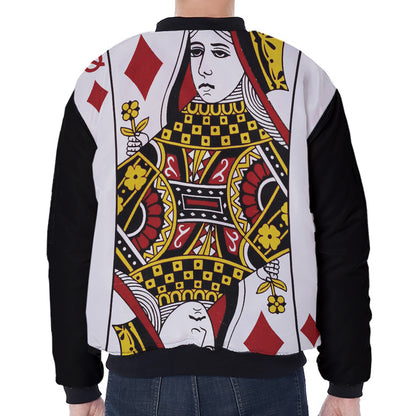 Queen Of Diamonds Playing Card Print Zip Sleeve Bomber Jacket