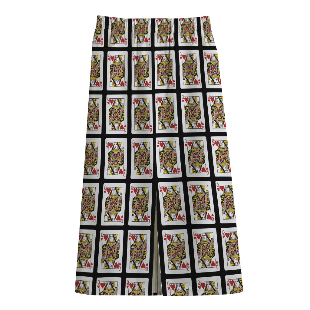 Queen Of Hearts Pattern Print Cotton Front Slit Maxi Skirt