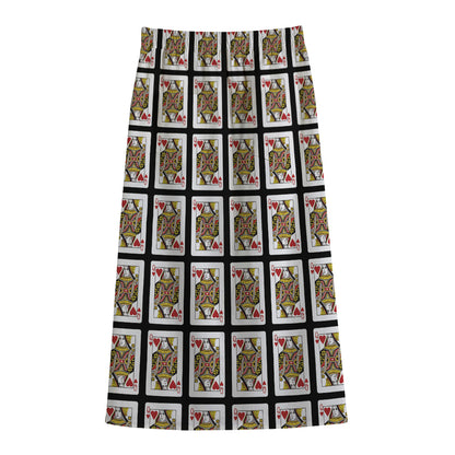 Queen Of Hearts Pattern Print Cotton Front Slit Maxi Skirt