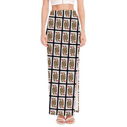 Queen Of Hearts Pattern Print High Slit Maxi Skirt