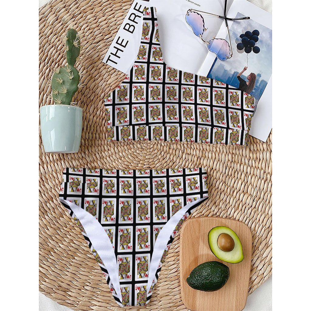 Queen Of Hearts Pattern Print One Shoulder Bikini Top