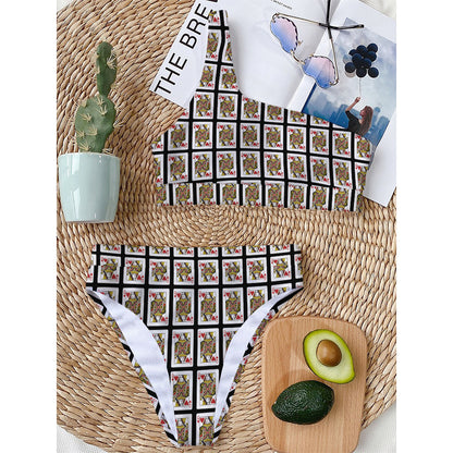 Queen Of Hearts Pattern Print One Shoulder Bikini Top