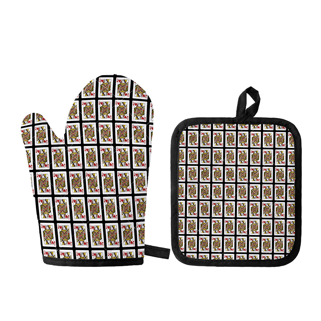 Queen Of Hearts Pattern Print Oven Mitt And Pot Holder Set
