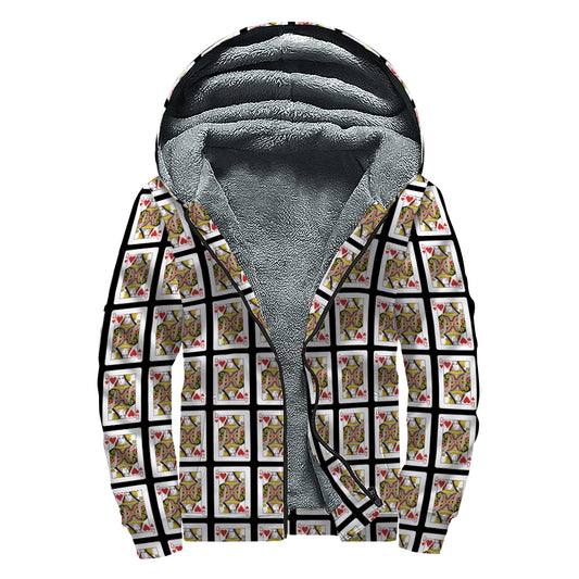 Queen Of Hearts Pattern Print Sherpa Lined Zip Up Hoodie