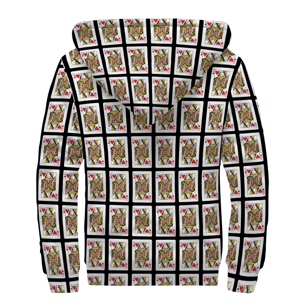 Queen Of Hearts Pattern Print Sherpa Lined Zip Up Hoodie