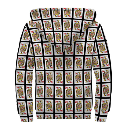Queen Of Hearts Pattern Print Sherpa Lined Zip Up Hoodie