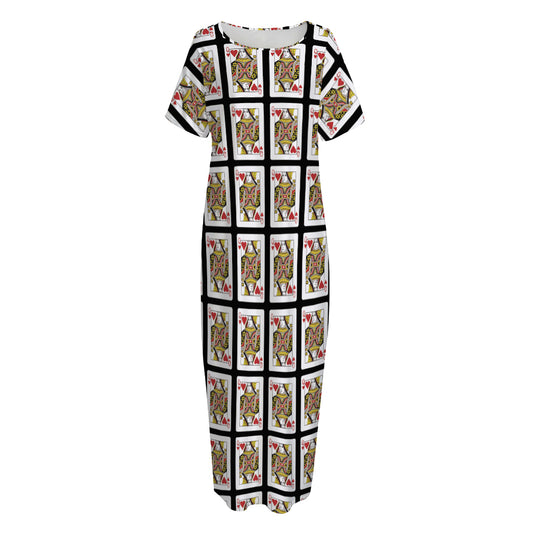 Queen Of Hearts Pattern Print Short Sleeve Long Nightdress