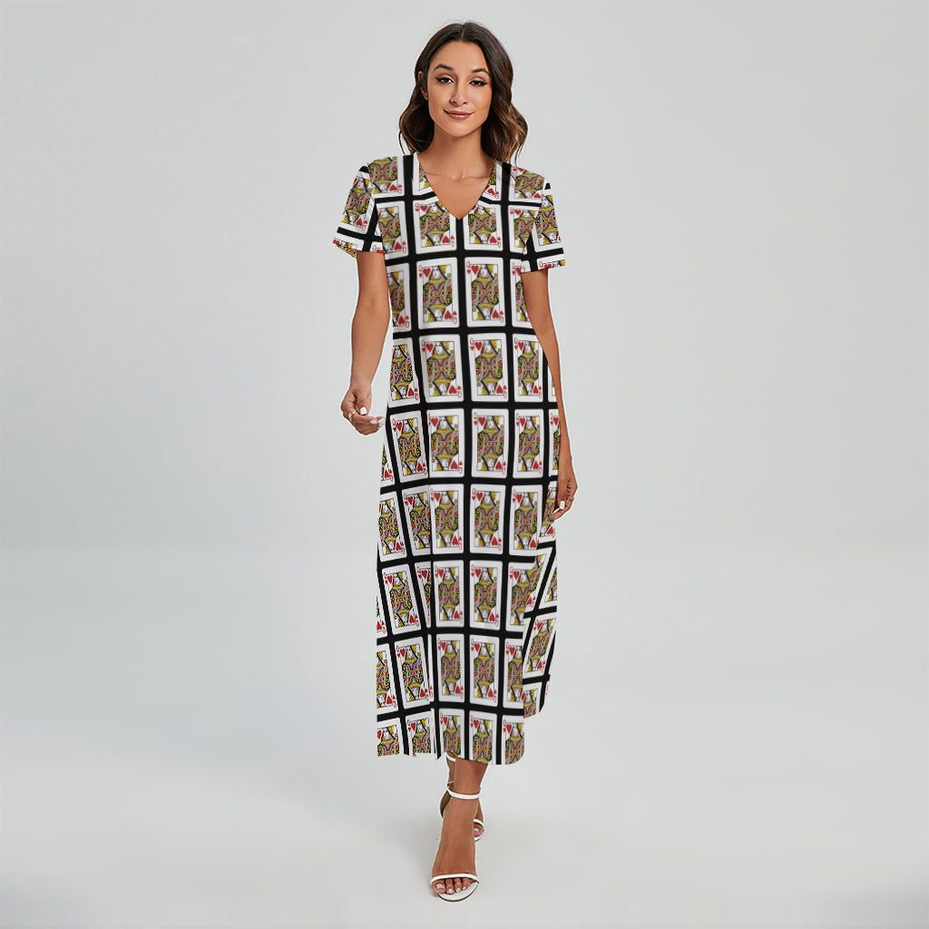Queen Of Hearts Pattern Print Short Sleeve Maxi Dress