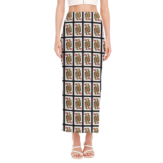 Queen Of Hearts Pattern Print Side Slit Maxi Skirt