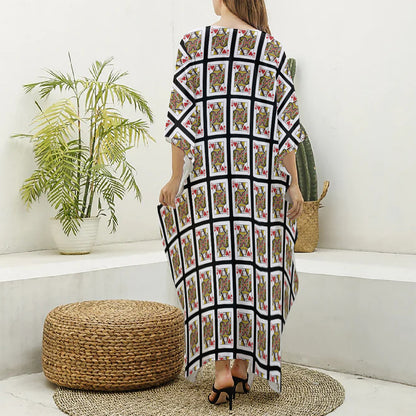 Queen Of Hearts Pattern Print Silk V-Neck Kaftan Dress