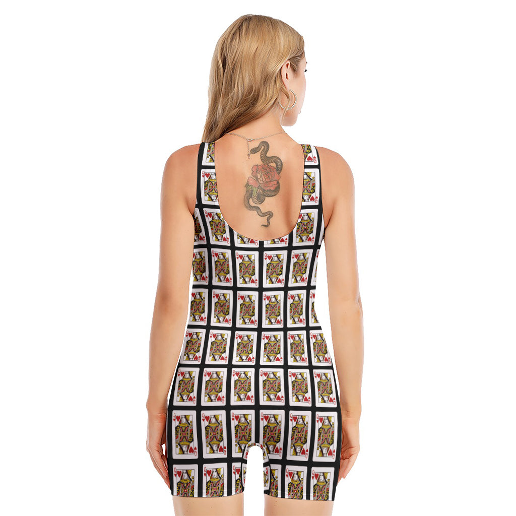 Queen Of Hearts Pattern Print Sleeveless One Piece Swimsuit