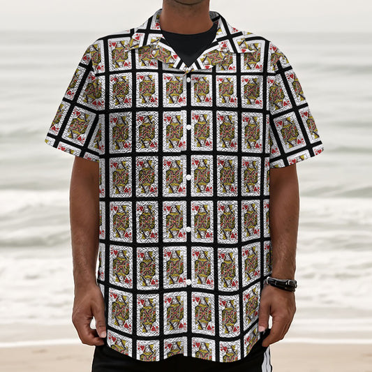 Queen Of Hearts Pattern Print Textured Short Sleeve Shirt