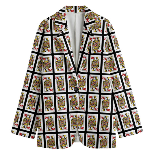 Queen Of Hearts Pattern Print Women's Cotton Blazer