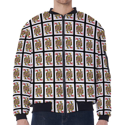 Queen Of Hearts Pattern Print Zip Sleeve Bomber Jacket