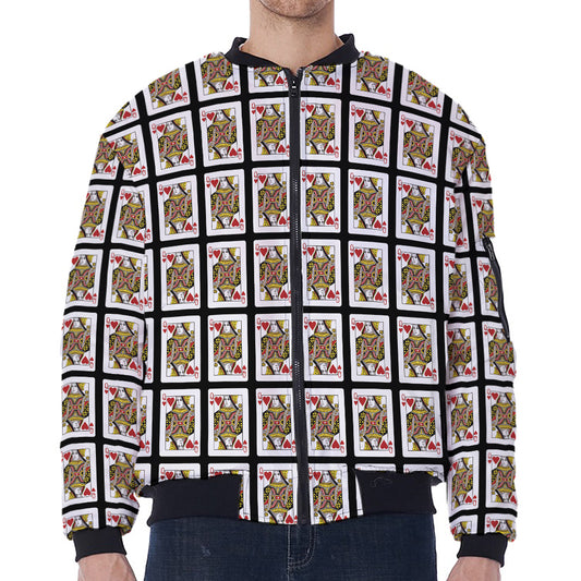 Queen Of Hearts Pattern Print Zip Sleeve Bomber Jacket