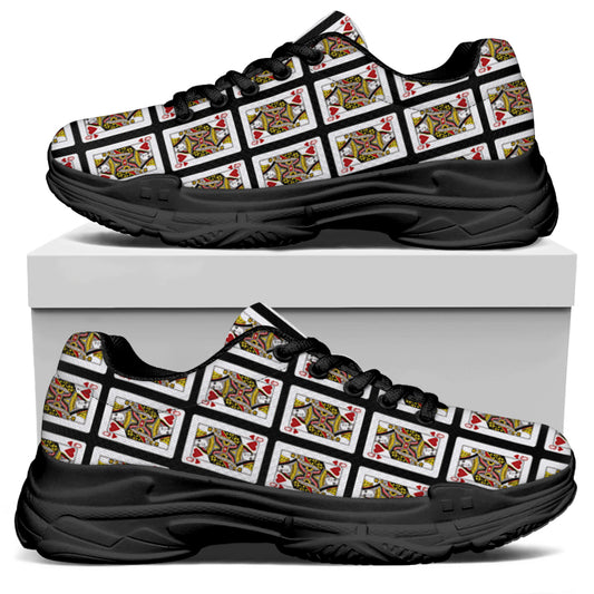 Queen Of Hearts Playing Card Pattern Print Black Chunky Shoes